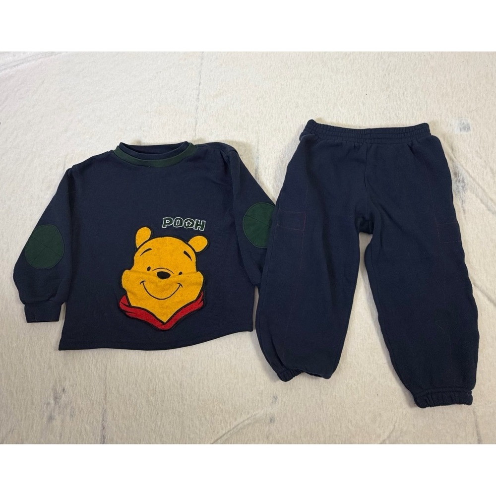 Vintage Winnie the Pooh Fleece Sweatsuit Set Boys 3T Disney Navy Jogger Outfit